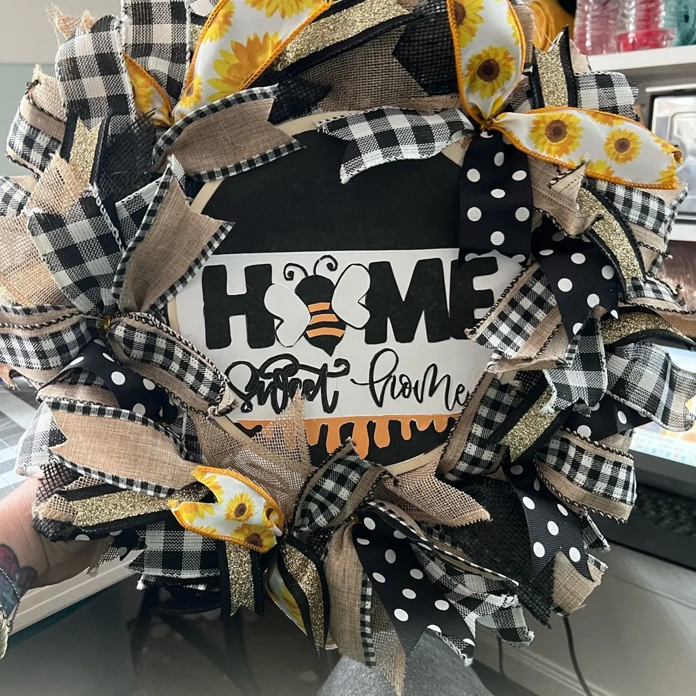 Sunflower & Bee Burlap Ribbon Wreath - Black, Yellow, Tan